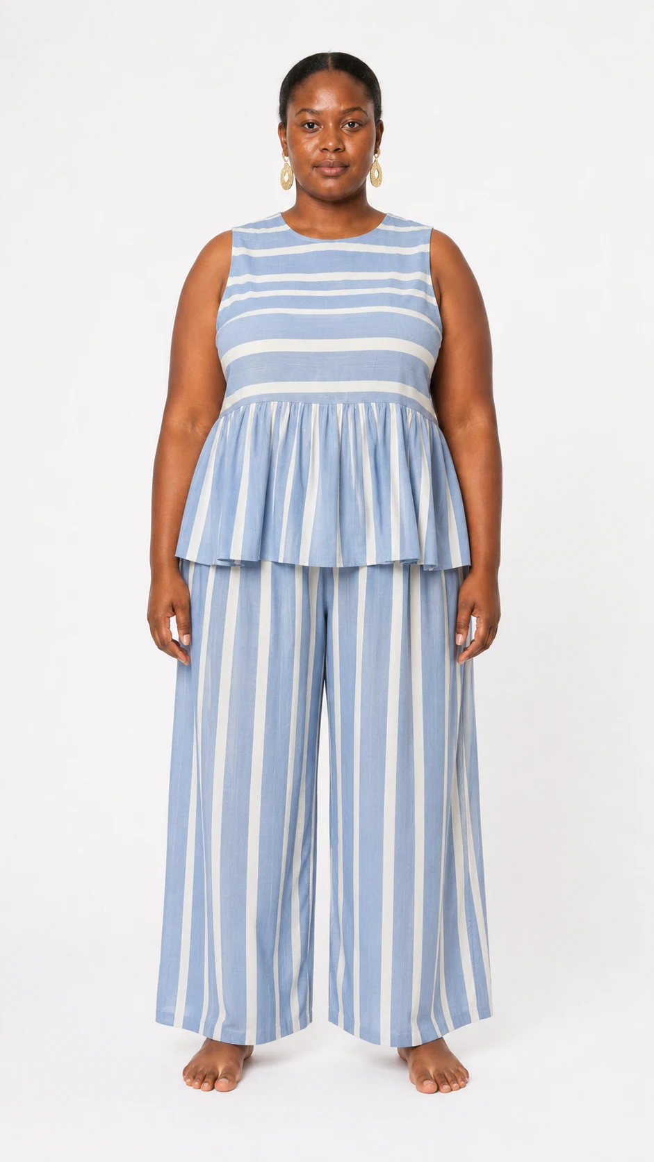 After — Stylra blue and cream striped sleeveless co-ord